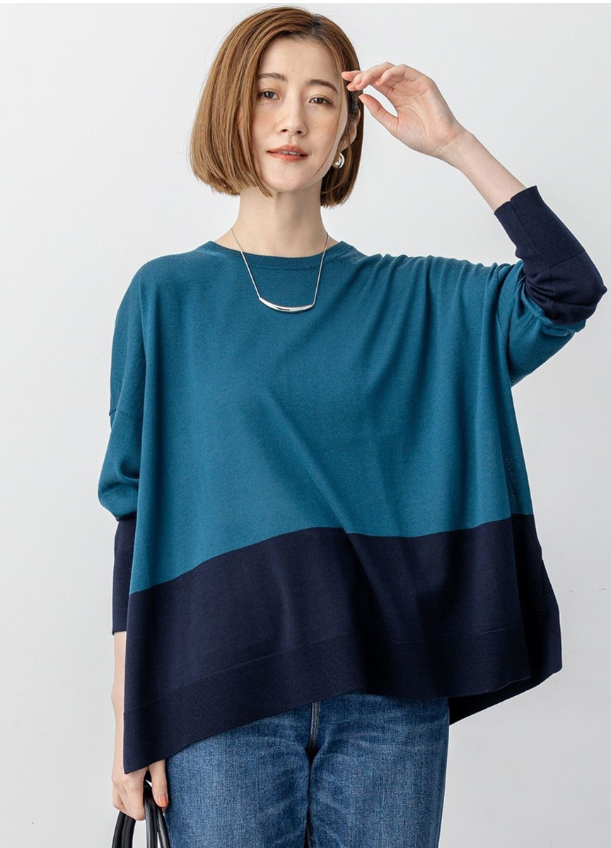 精紡羊毛配色連袖針織衫